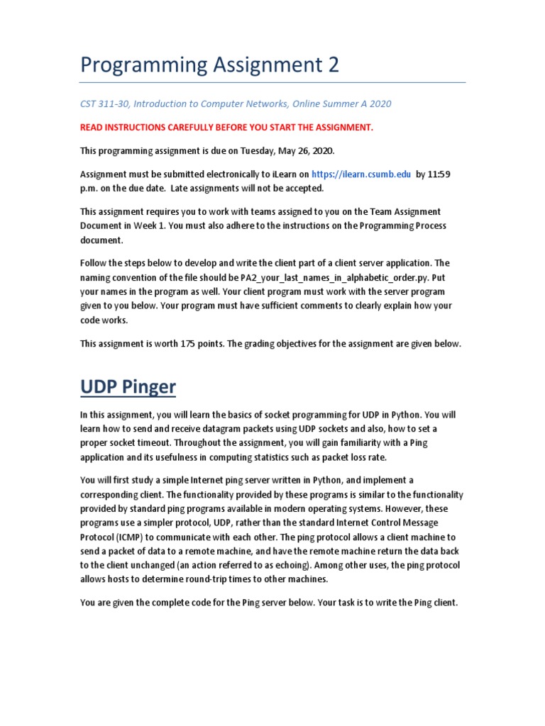 Python UDP Pinger Assignment Guide | PDF | Network Socket | Network ...