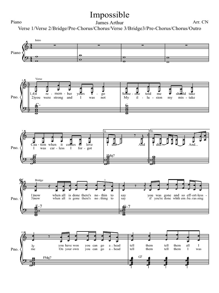 Impossible James Arthur Verse 1/verse 2/Bridge/PreChorus/Chorus/Verse