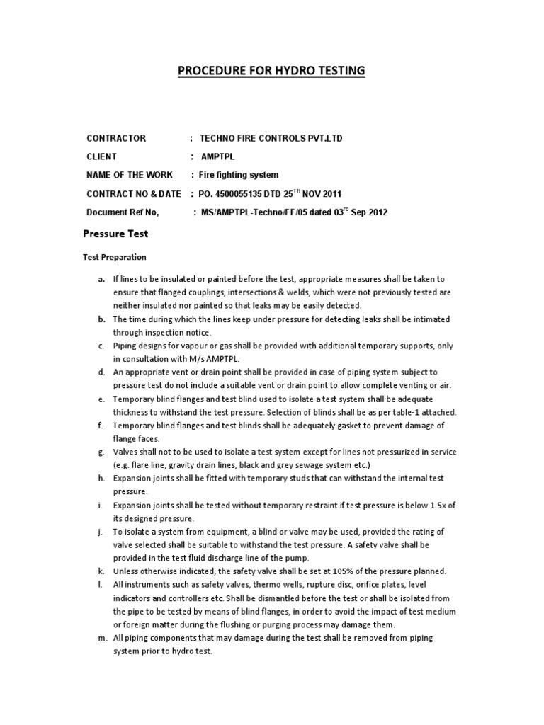 Procedure For Hydro Testing: Pressure Test | PDF | Leak | Valve