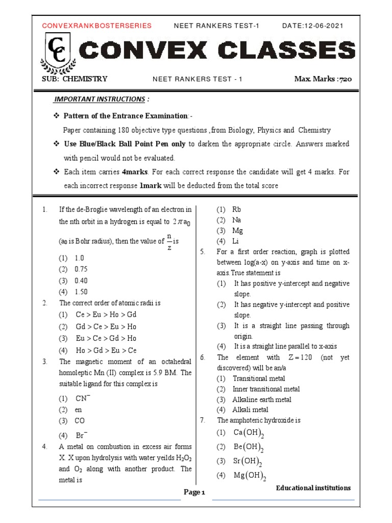 Convex Neet Practise Test - 1 | PDF | Coordination Complex | Ion