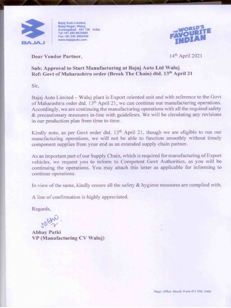 BAL Waluj Letter To Vendors 14.04.21 | PDF