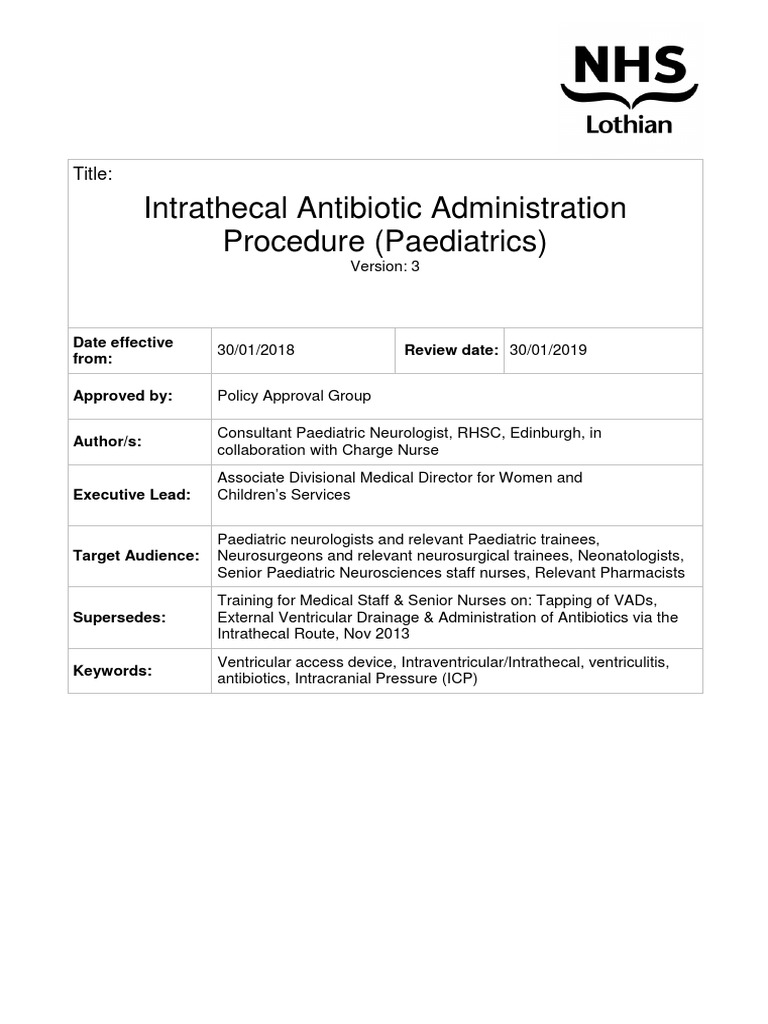 Intrathecal Antibiotic Administration Guidelines | PDF | Cerebrospinal ...
