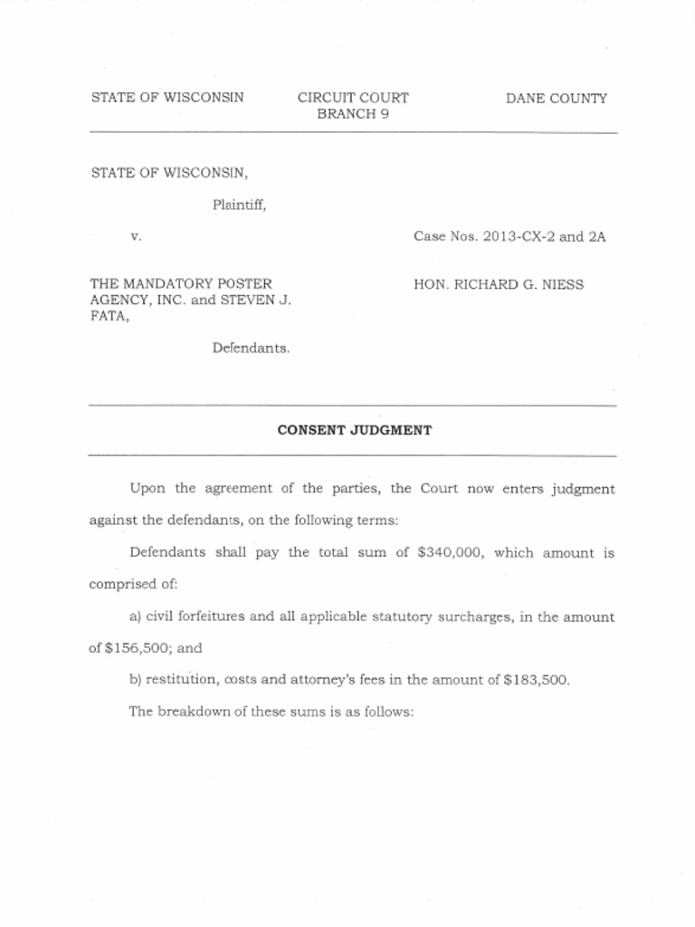 Consent Judgment Mandatory Poster Agency, Wisconsin PDF