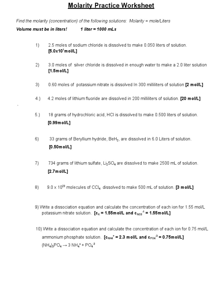 Molarity Practice Worksheet