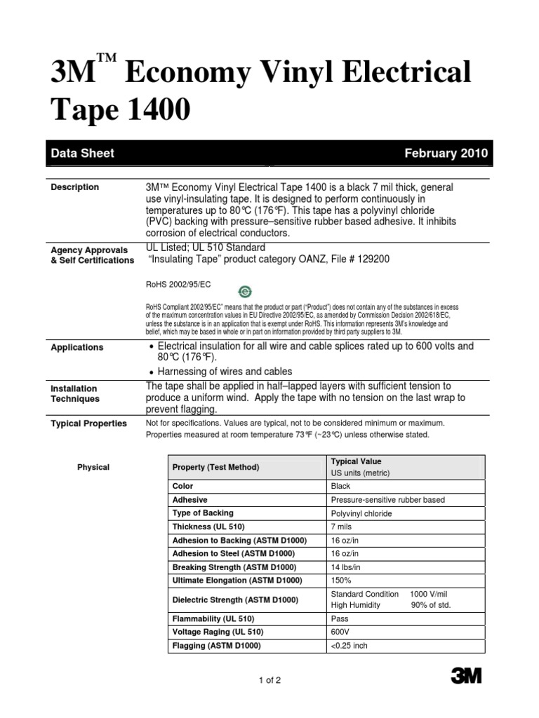 3M Economy Vinyl Electrical Tape 1400 Data Sheet February 2010 PDF