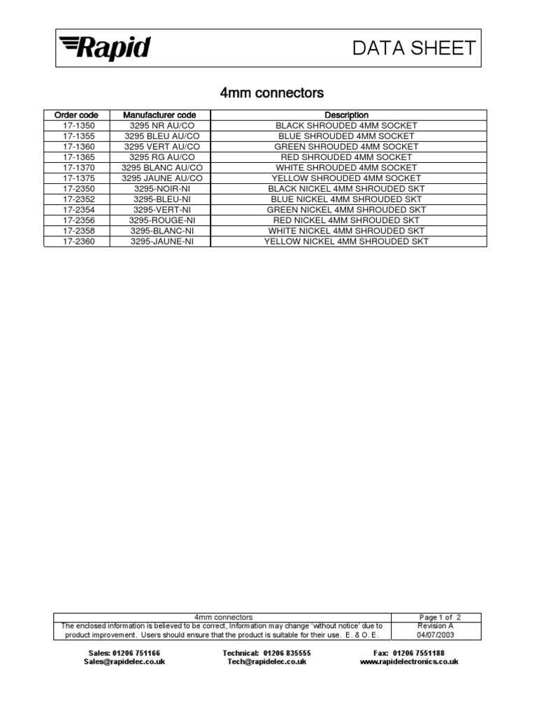 Data Sheet: 4mm Connectors 4mm Connectors 4mm Connectors 4mm Connectors ...