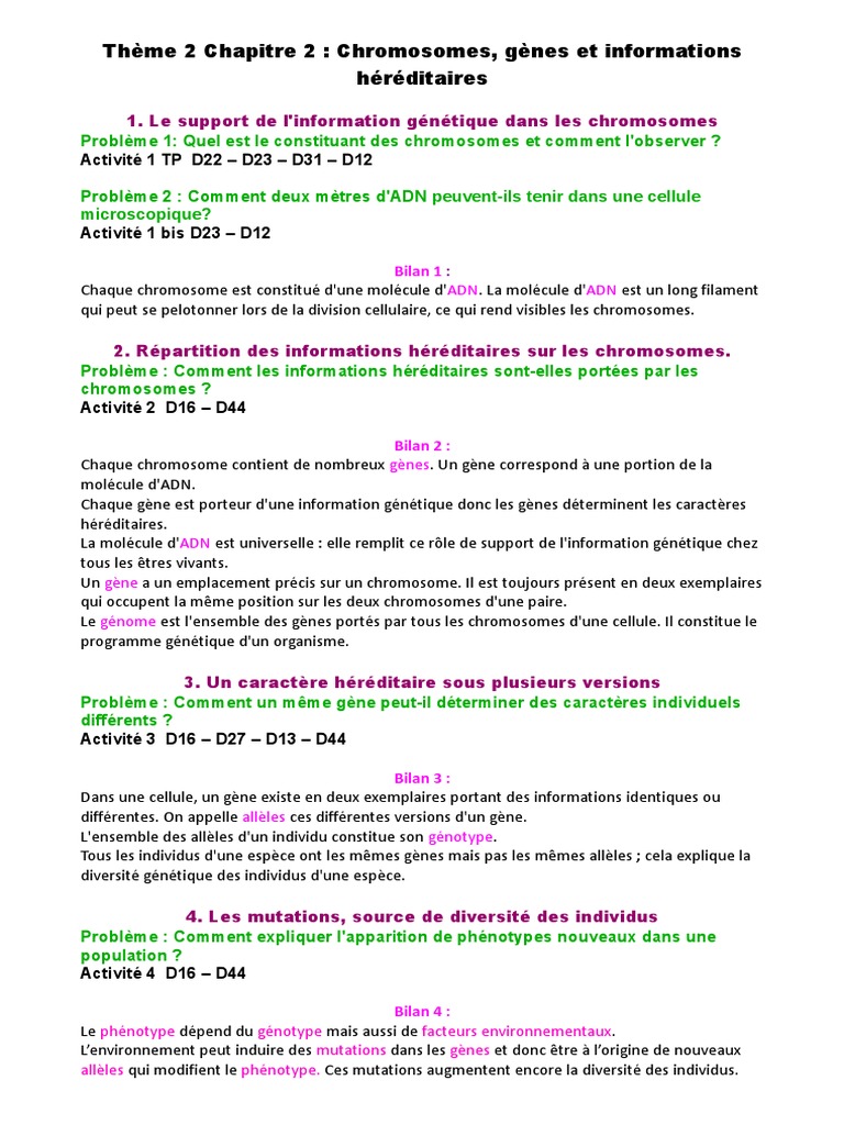 3° Thème 2 Chapitre 2 Bilans | PDF | Génotype | Gène