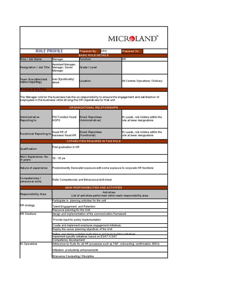 HR Manager Role Profile at Microland | PDF | Competence (Human ...