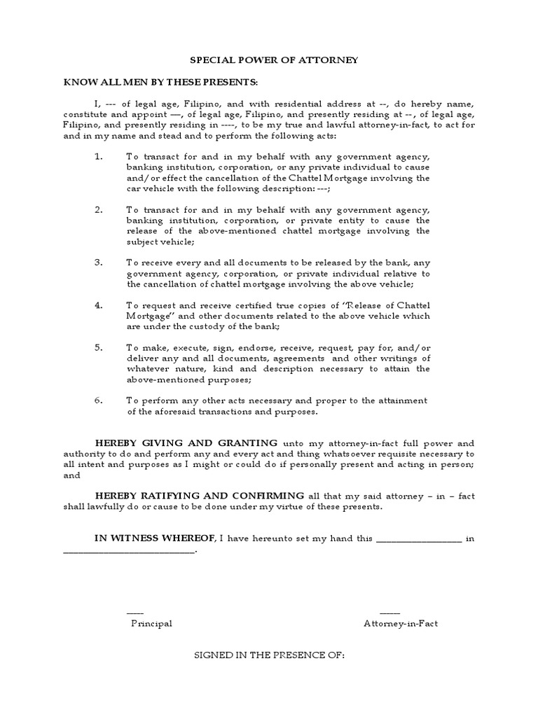 Sample SPA On Chattel Mortgage PDF Power Of Attorney Civil Law
