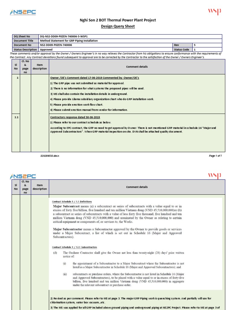 GRP Piping Installation Method Statement | PDF | Leak | General Contractor