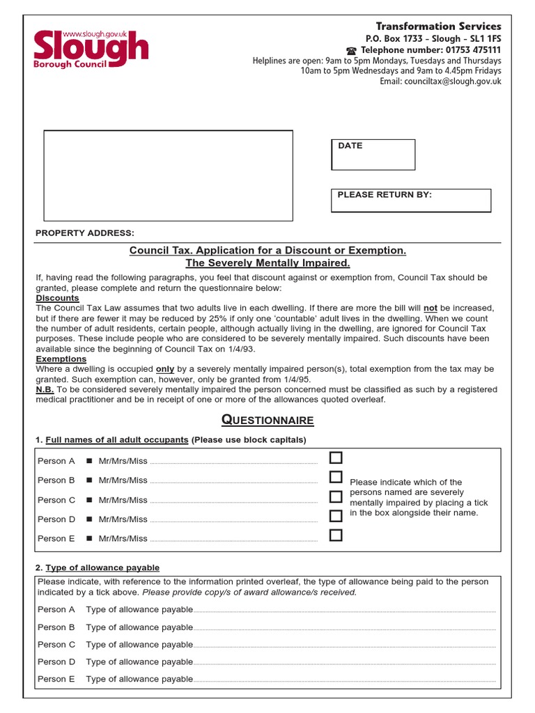 O o o o O Council Tax. Application For A Discount or Exemption. The