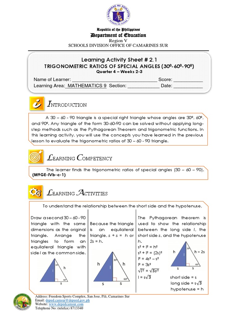 Math 9 Las Q4 Melc 2 1 Pdf Triangle Trigonometric Functions