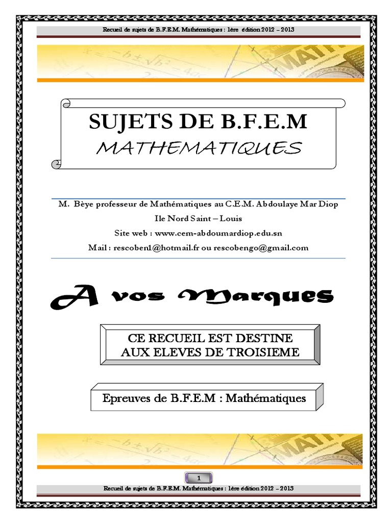 Sujets de Mathématiques B.F.E.M. 2012 | PDF | Cercle | Triangle
