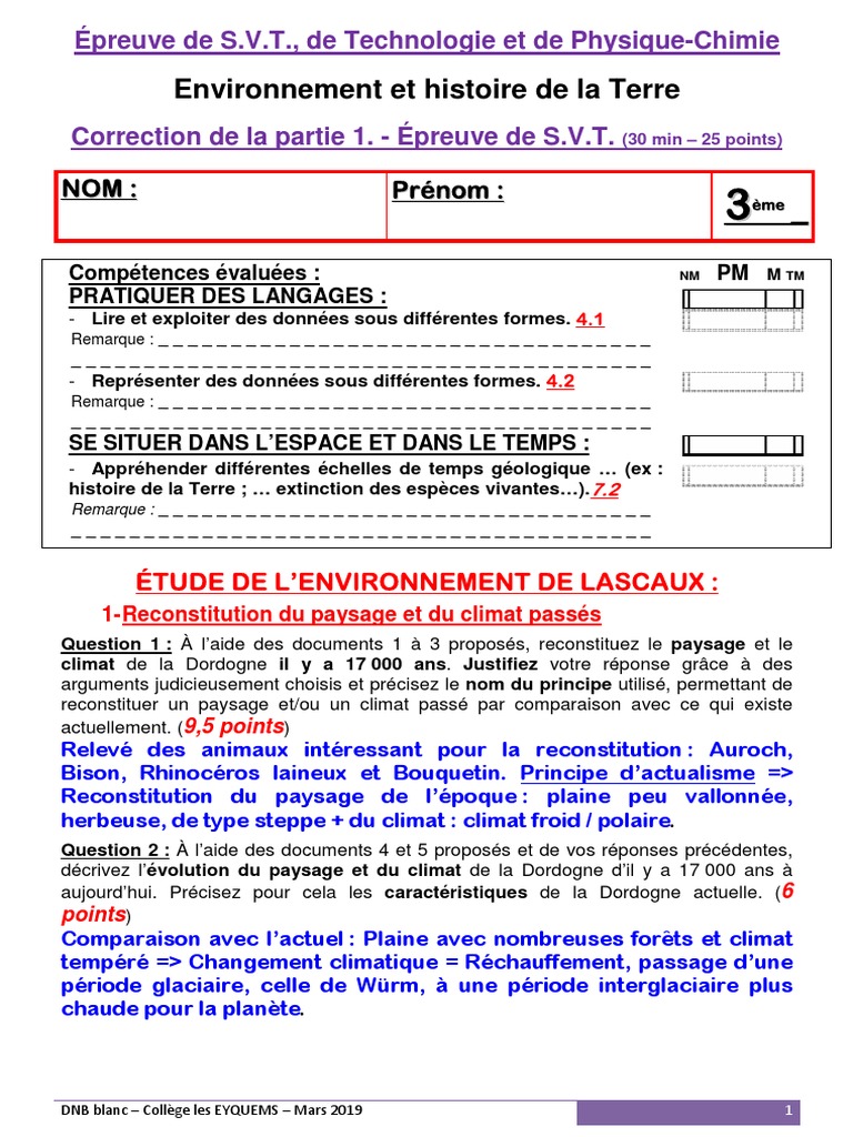 Sujet Brevet Blanc Svt Avec Corrigé Evaluation 3o DNB - Brevet Blanc 2019 SVT No1 Correction Eleve | PDF |  Changement climatique | Sciences de la terre