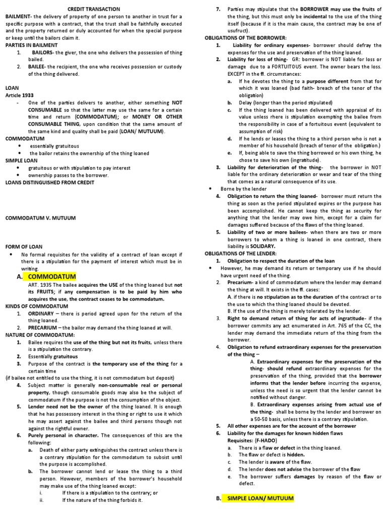 Credit Transaction Review Notes | PDF | Loans | Interest