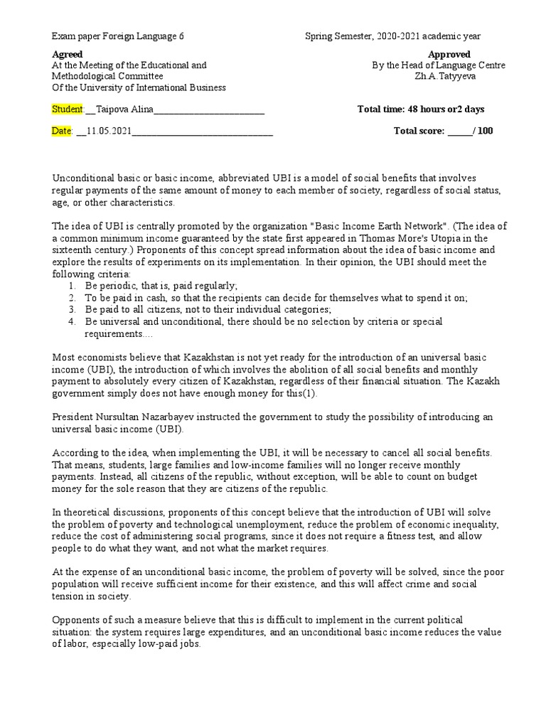 Universal Basic Income Exam Analysis | PDF | Welfare | Poverty