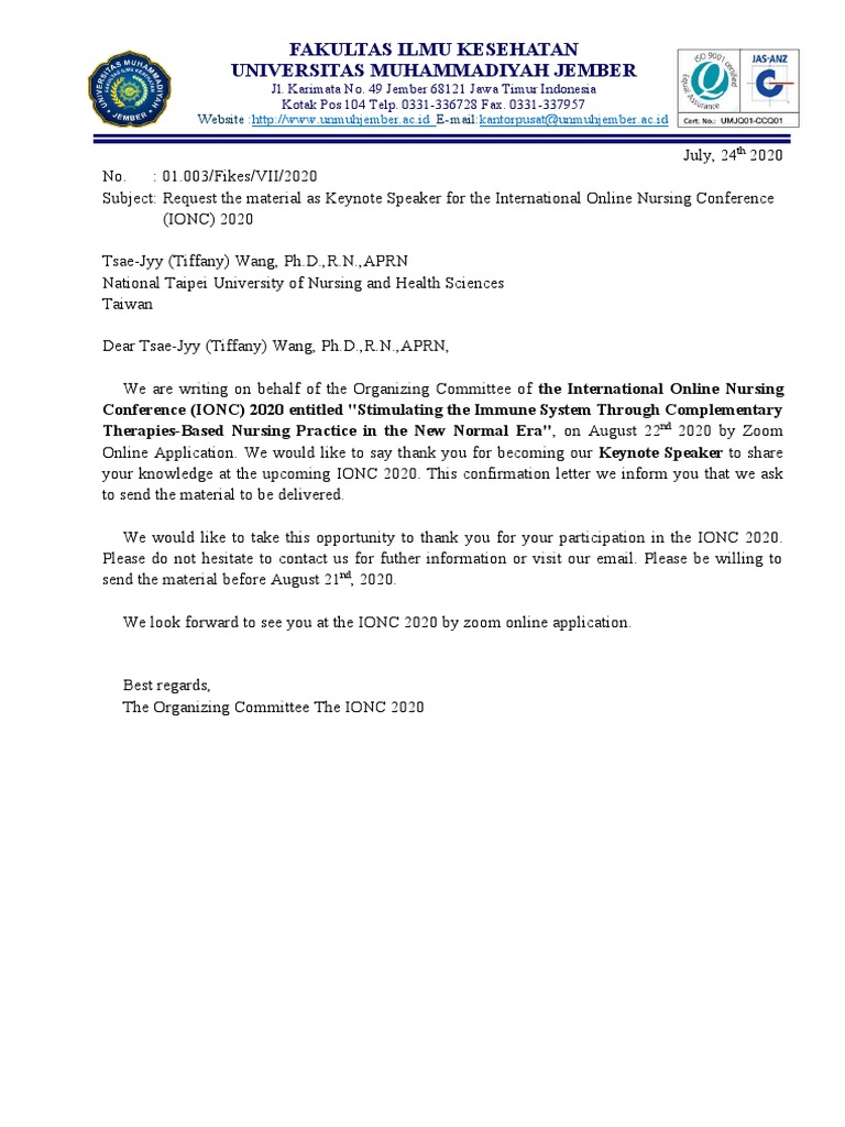 Request Material Keynote Speaker Confirmation Letter PDF