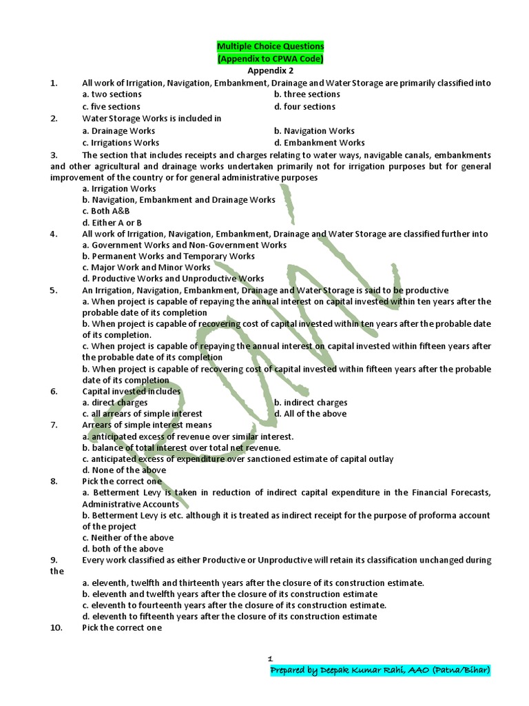 Multiple Choice Questions (Appendix To CPWA Code) Appendix 2 | PDF ...