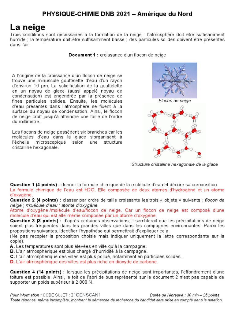 Brevet Blanc Physique Chimie 2022 Entrainement Brevet Physique Chimie | PDF | Neige | Glace