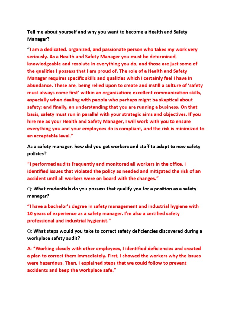 Health and Safety Manager Interview Insights | PDF | Occupational ...