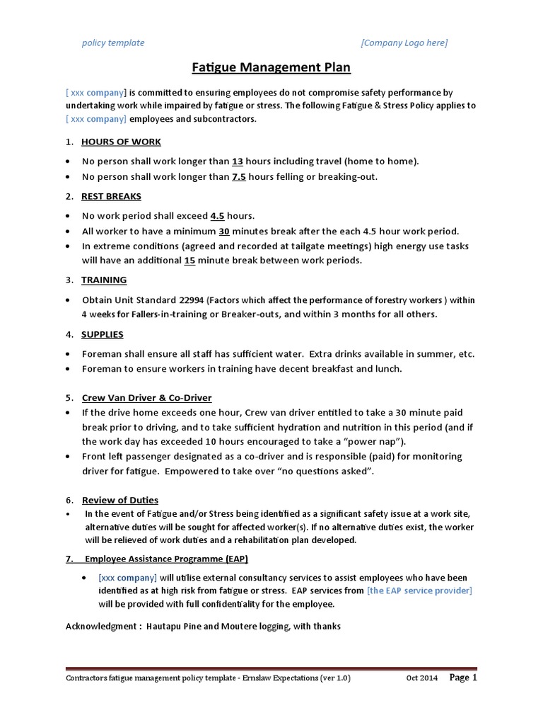 Fatigue Management Policy Template | PDF | Logging | Employment
