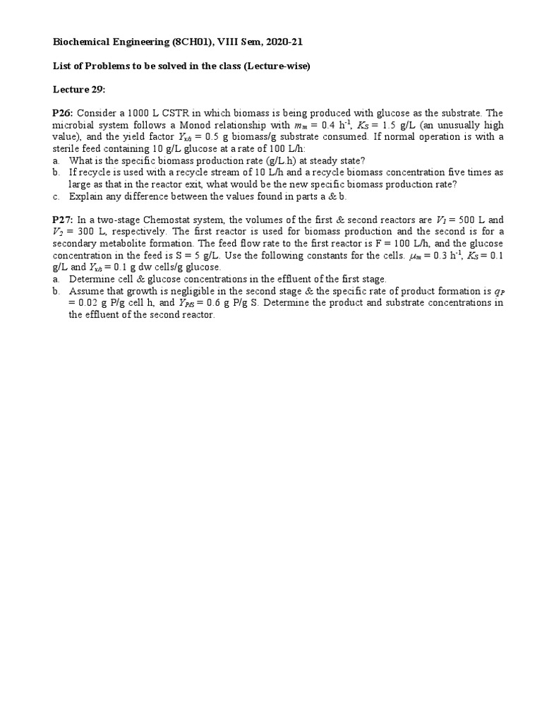 Biochemical Engineering Problem Set 2020-21 | PDF