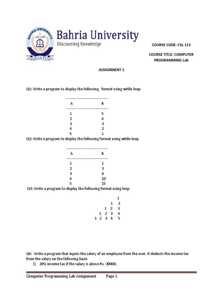 Course Code: Csl-113 Course Title: Computer Programming Lab Assignment ...