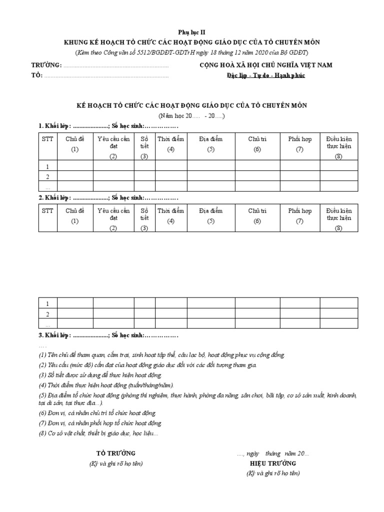 Phu Luc 2 Khung Ke Hoach To Chuc Hoat Dong Giao Duc | Pdf