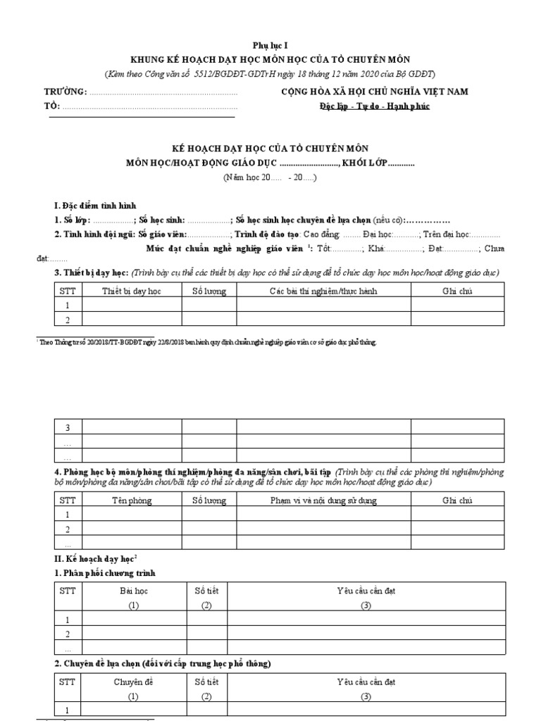 Phu Luc 1 Khung Ke Hoach Day Hoc Mon Hoc | PDF