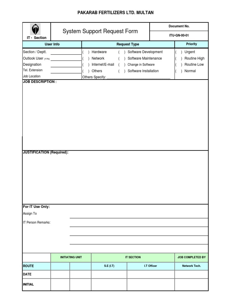 System Support Request Form: Pakarab Fertilizers Ltd. Multan | PDF ...