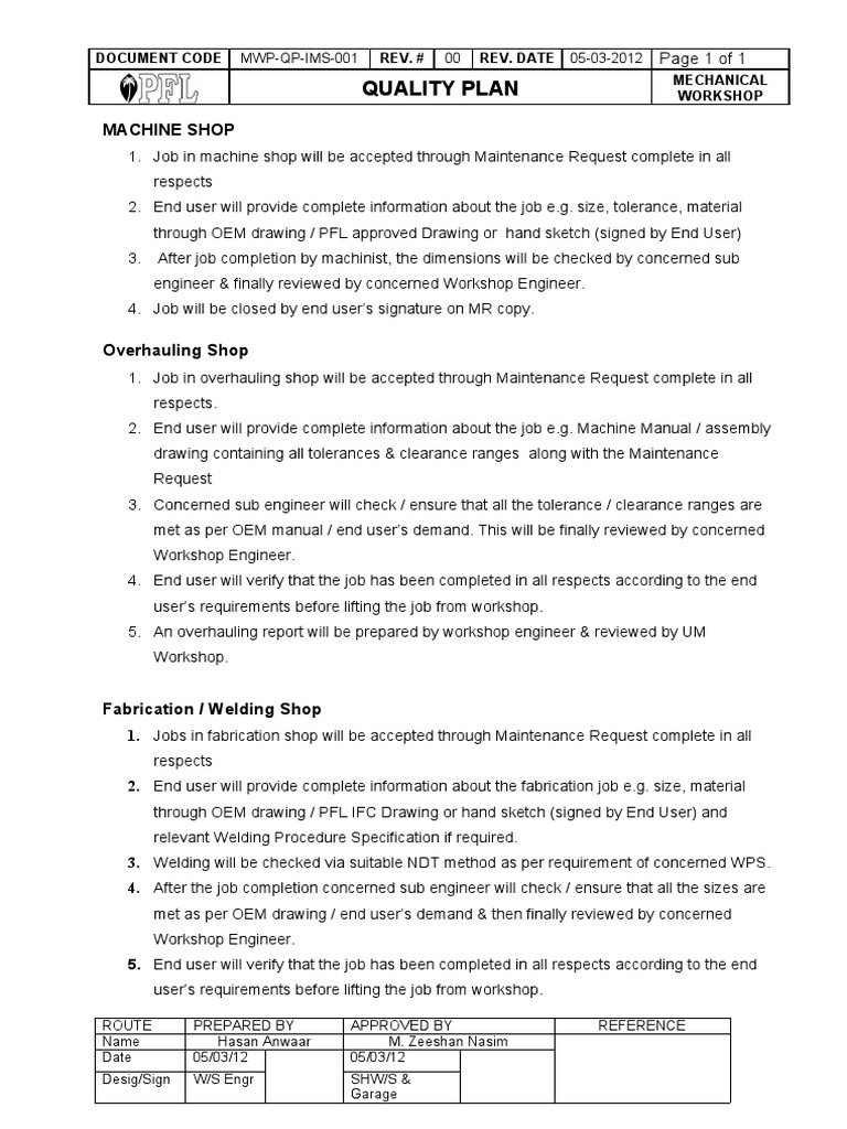 Workshop Quality Plan Overview | PDF | Engineering Tolerance | Engineering