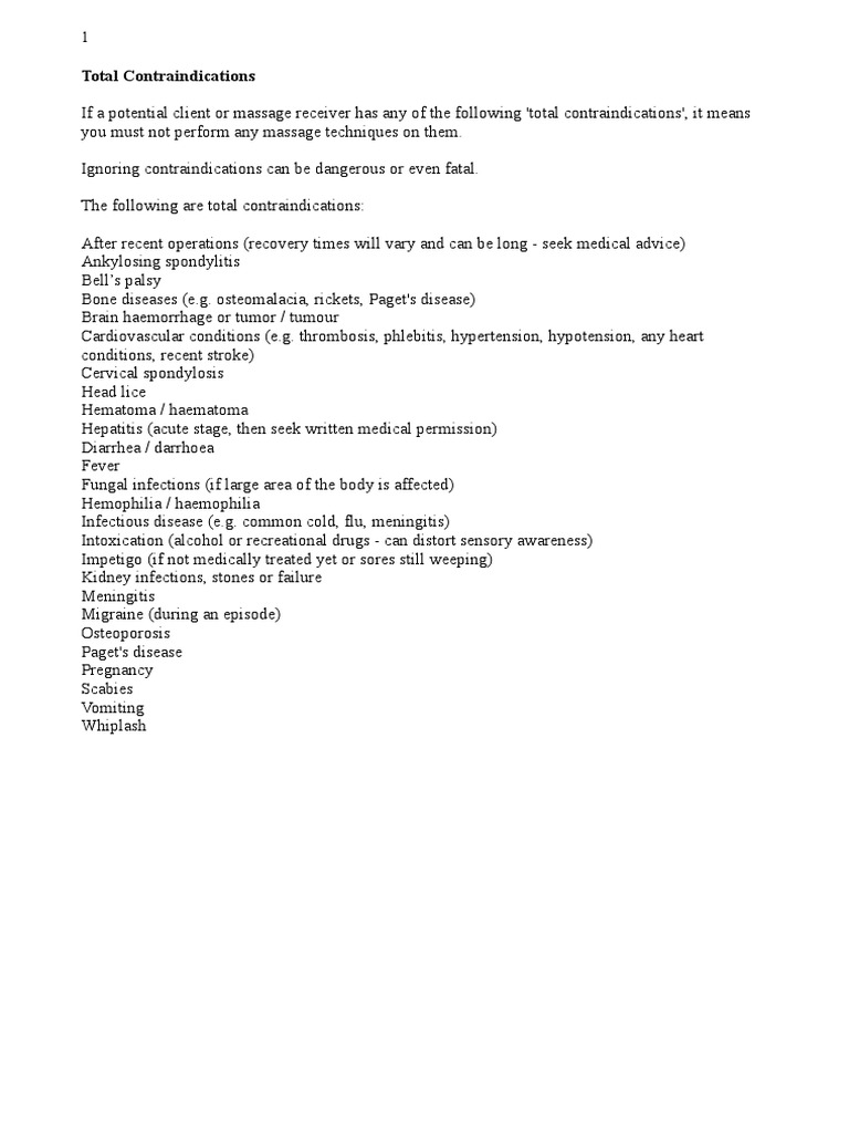 Massage Therapy Contraindications Guide | PDF | Massage | Fibromyalgia