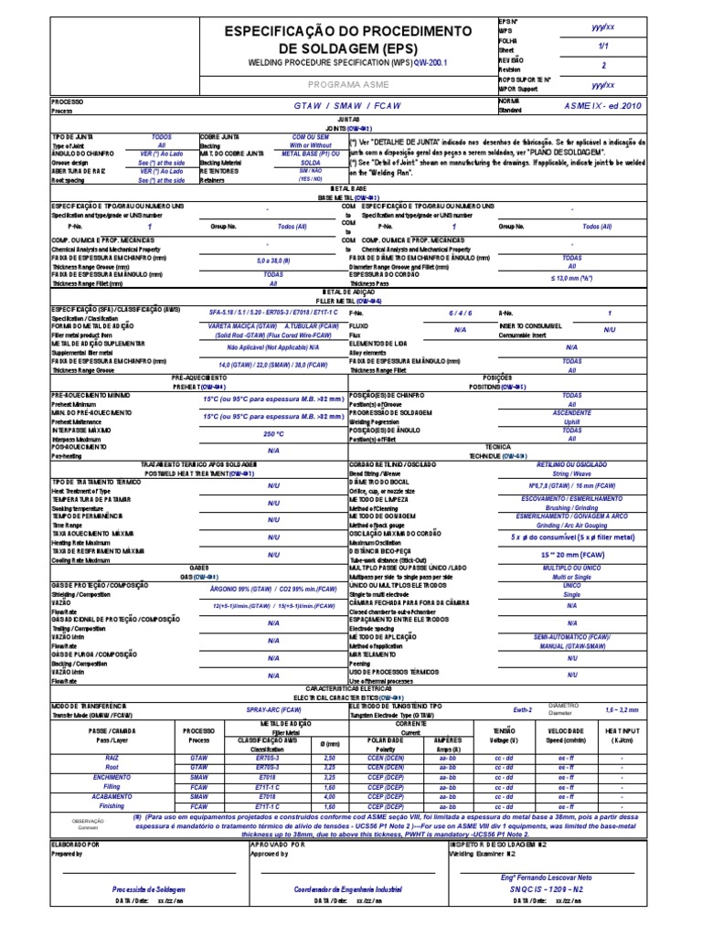 Stamp U ASME WPS example Metais Química
