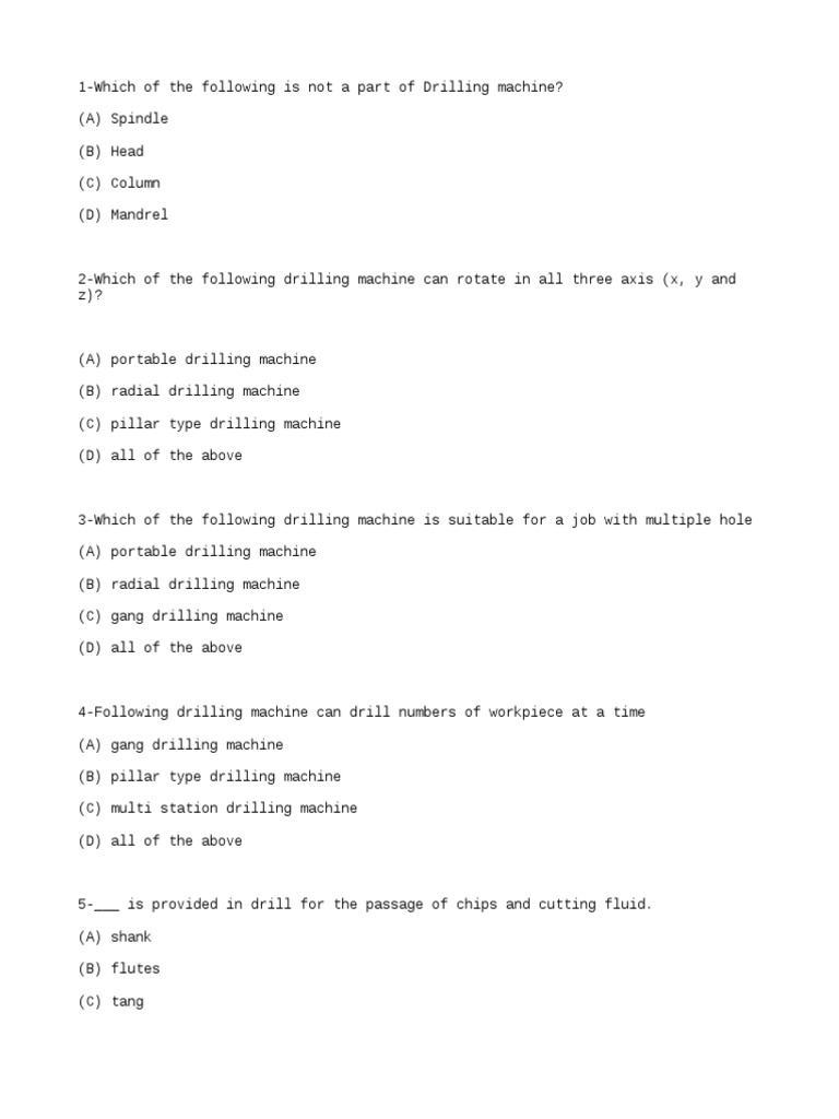 Drilling Machine MCQs and Answers | PDF | Teaching Methods & Materials ...