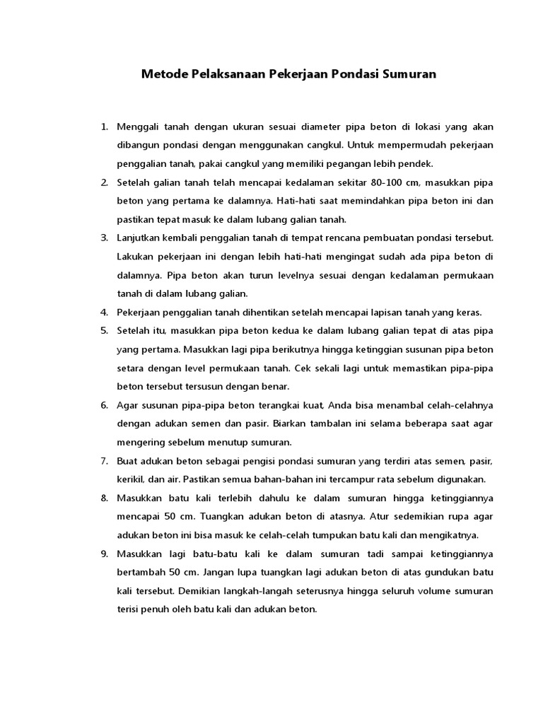Metode Pelasanaan Pekerjaan Pondasi Sumuran | PDF