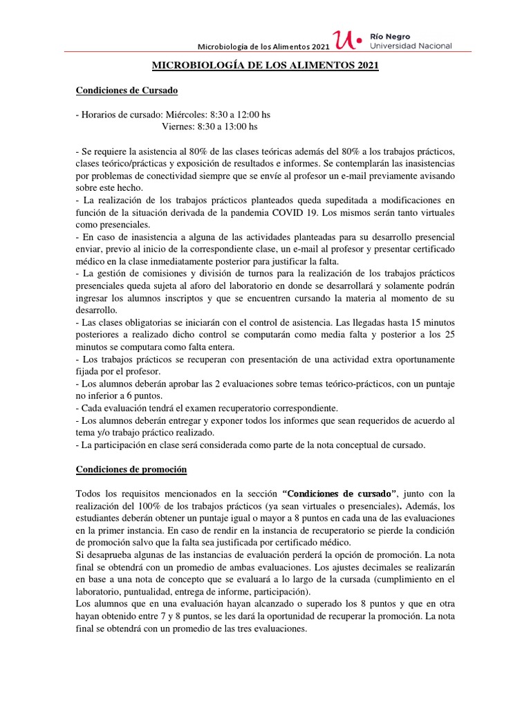 Condiciones de Cursado - MICROBIOLOGIA DE LOS ALIMENTOS 2021 | PDF ...