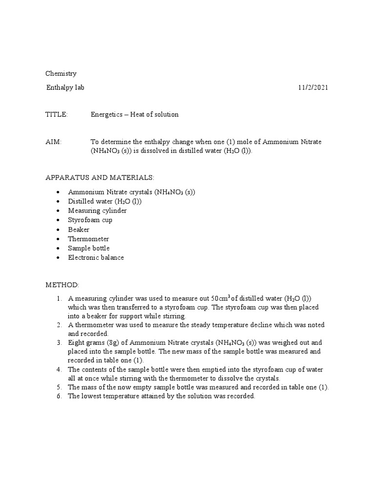 Chemistry Enthalpy of Solution Lab | PDF | Chemical Reactions | Enthalpy