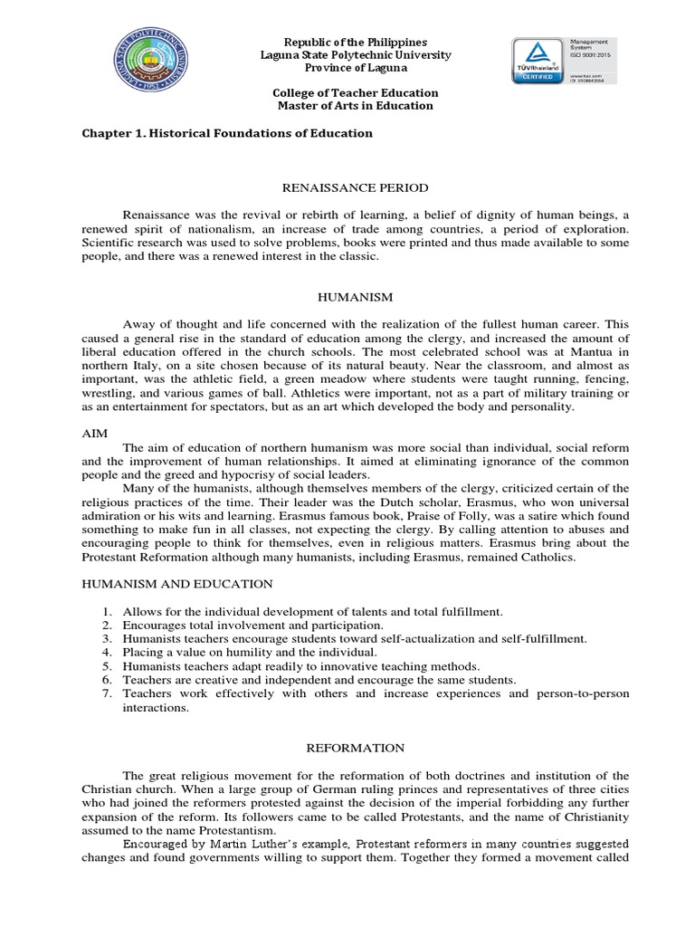 Education in the Renaissance Period | PDF | Protestantism | Humanism