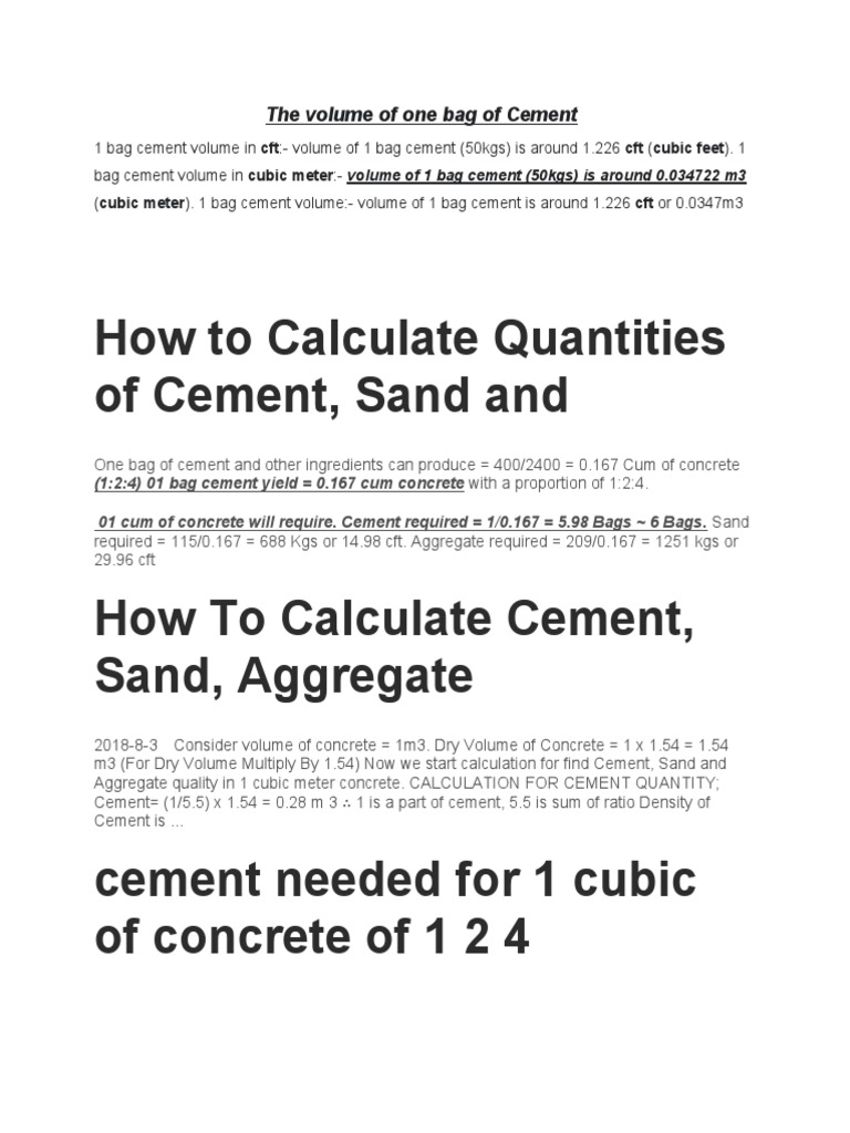 The Volume of One Bag of Cement PDF Volume Concrete