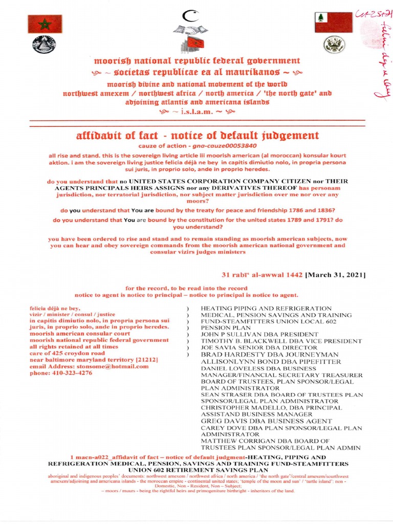 Affidavit of Fact Notice of Default Judgement Heating Piping and