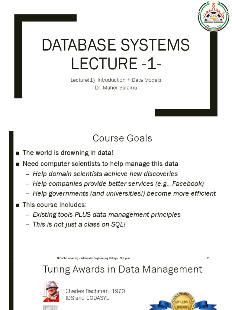 Database Systems Lecture - 1-: Lecture (1) : Introduction + Data Models ...