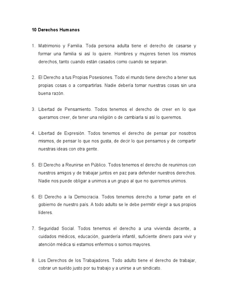 10 Derechos Humanos Esenciales | PDF | Libertad | Familia