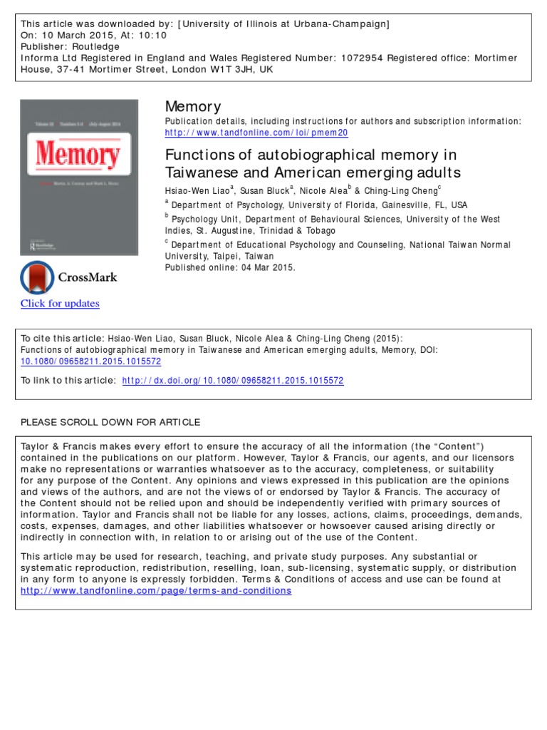 Functions of Autobiographical Memory in Taiwanese and American Emerging ...