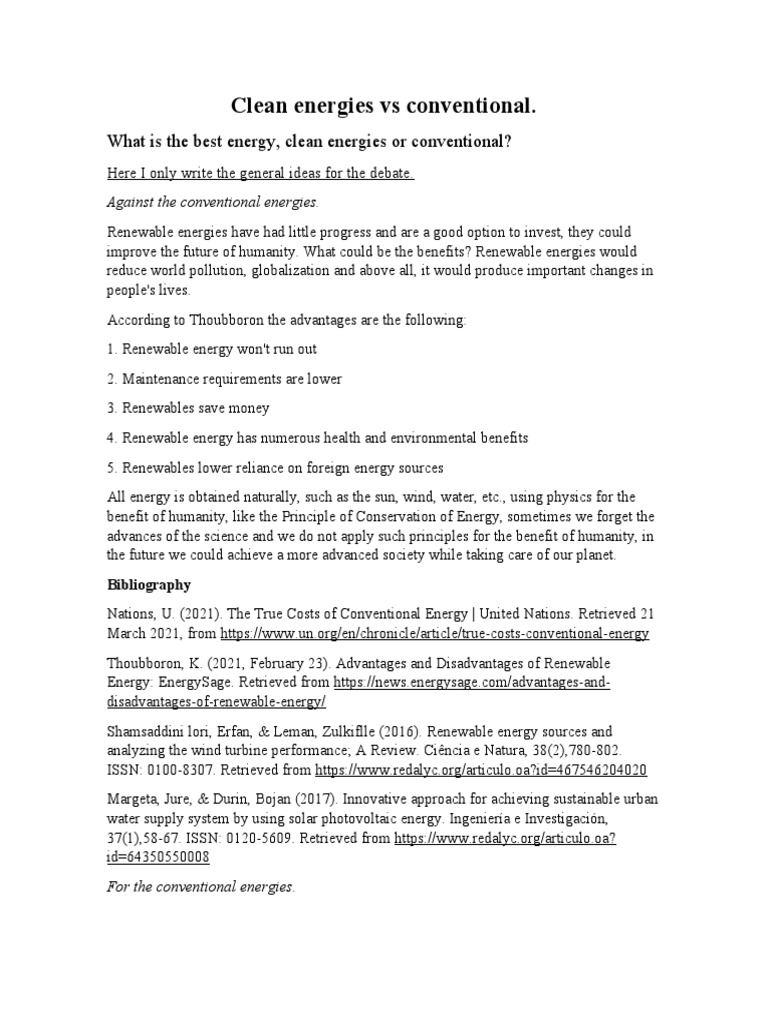 Clean Energies Vs Conventional | PDF | Renewable Energy | Energy ...