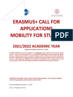 Erasmus+ Call For Applications Mobility For Studies: 2021/2022 ACADEMIC YEAR