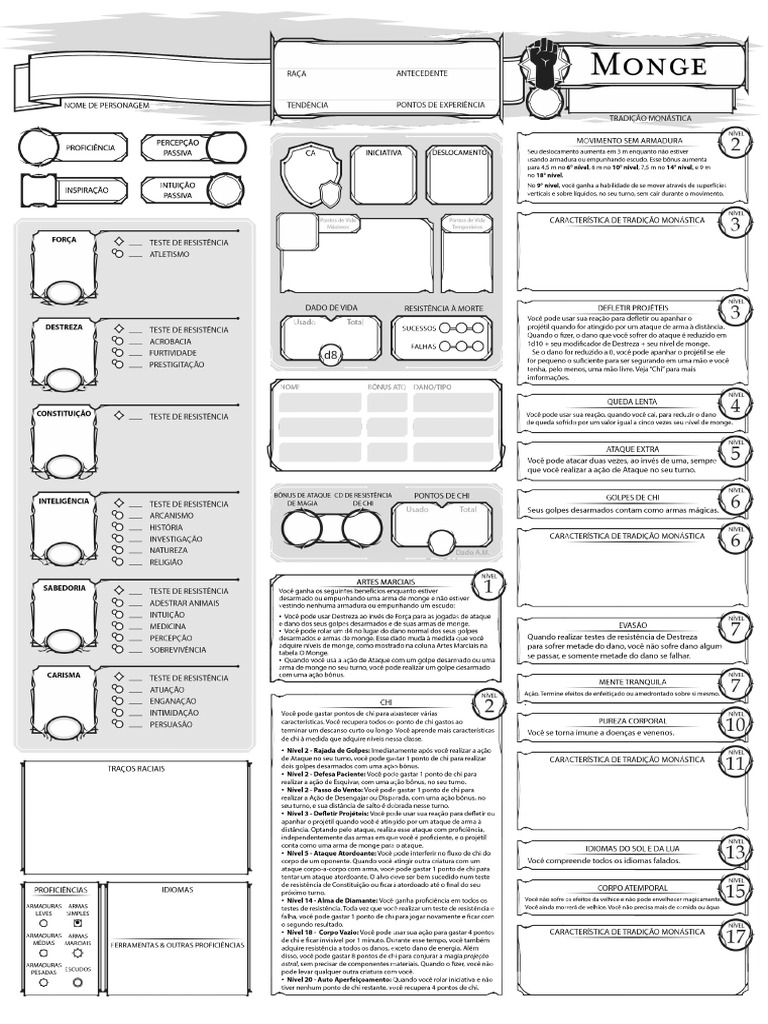 DND 5e Ficha Monge Editável PDF