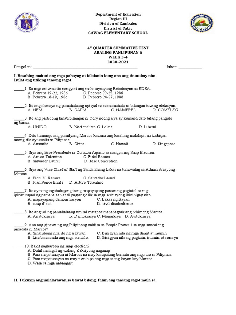 Summative Test Week 3-4 | PDF