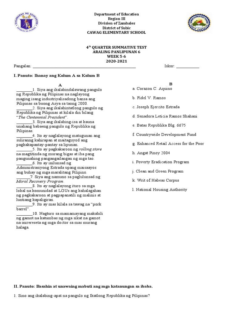Summative Test Week 5-6 | PDF