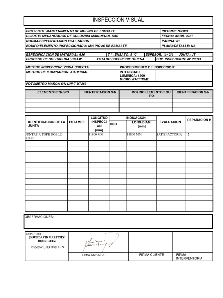 Informe de Inspección Visual de Molino | PDF | Tecnología