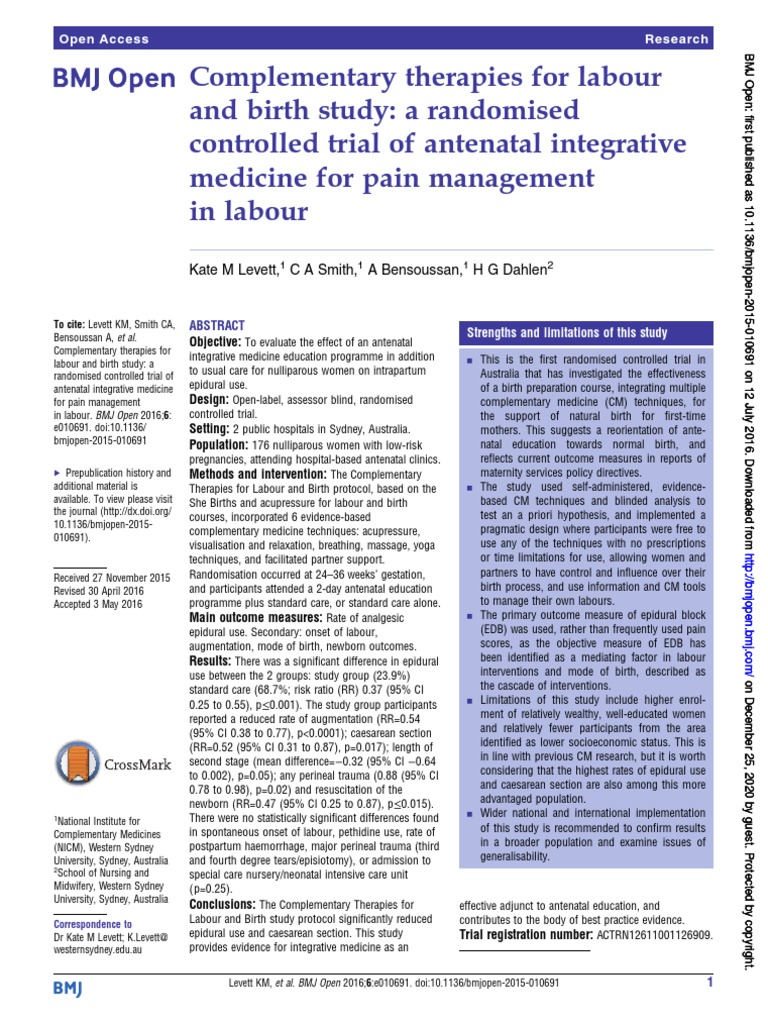 Complementary Therapies For Labour and Birth Study A Randomised Controlled Trial of Antenatal